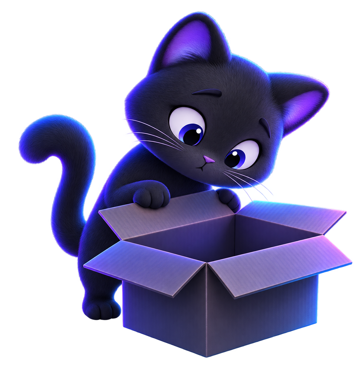 A puzzled cat searching inside an empty box