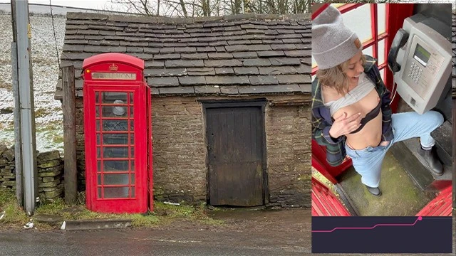 Éjacule fort dans une cabine téléphonique publique rouge avec un vibromasseur télécommandé Lush dans la campagne anglaise